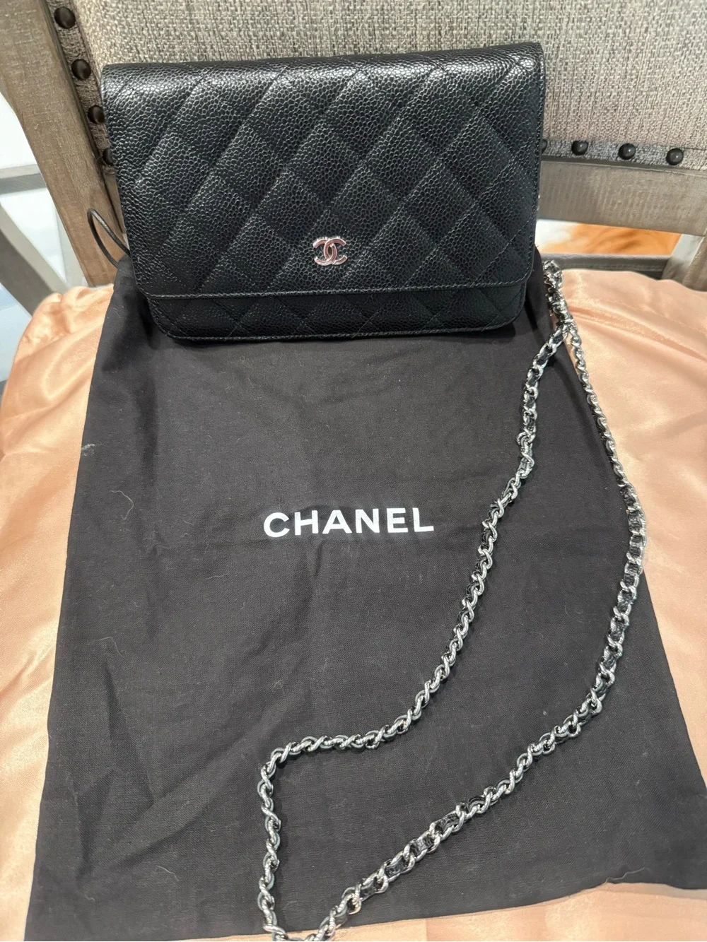 CHANEL Black Quilted Caviar Leather wallet chain WOC with Silver-Tone Chain